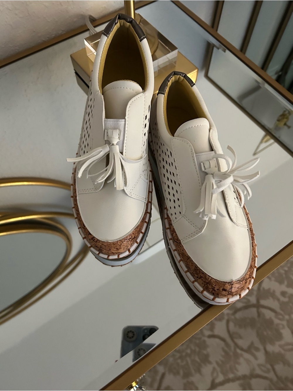 Women's White/Cream Lace-Up Platform Sneakers with Cork Trim. Never worn